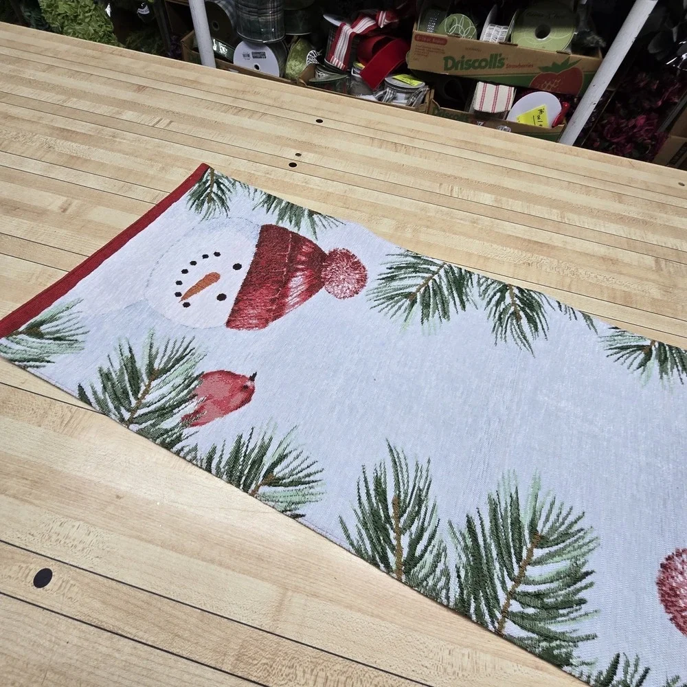 St Nicholas Square Tapestry Table Runner 13x35 Christmas Snowman Cardinal Bird
